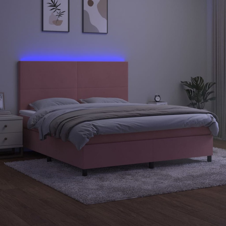 Cama box spring colchón y LED terciopelo rosa 180x200