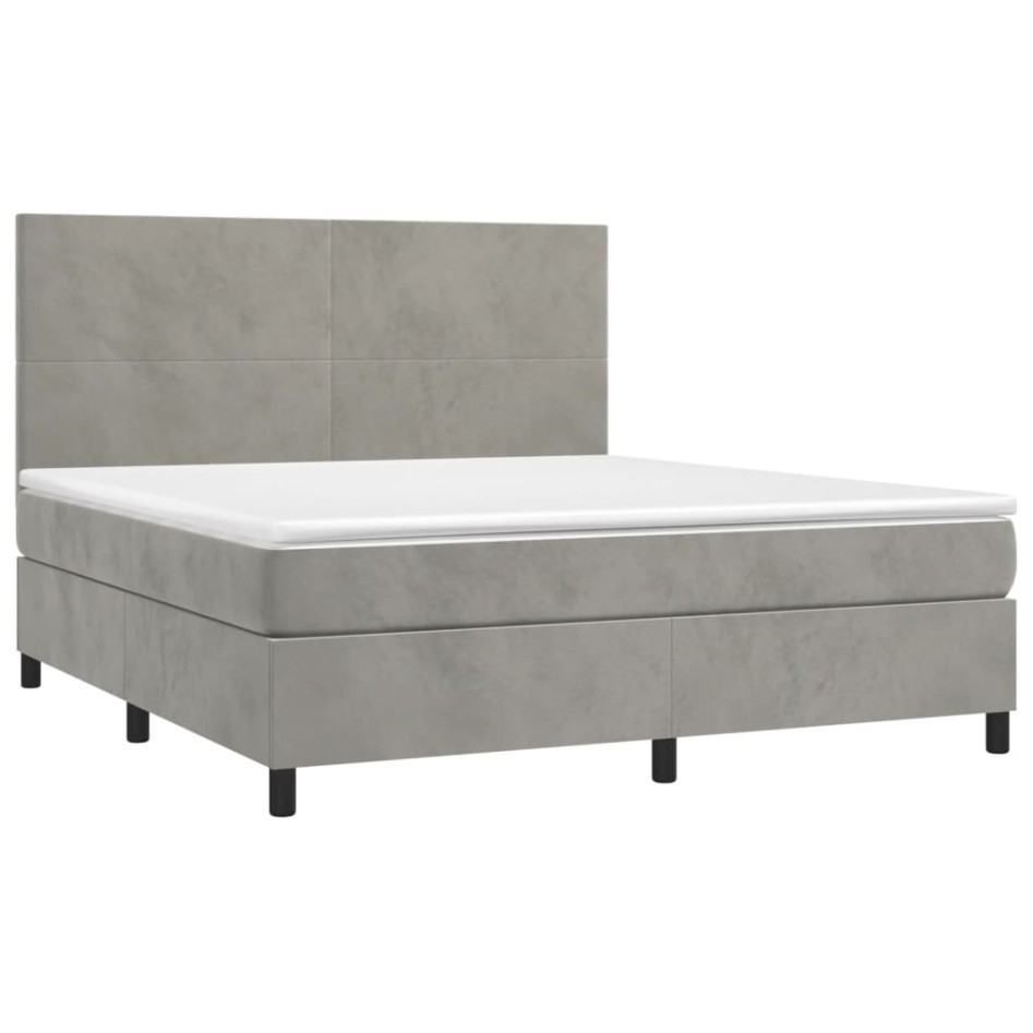 Cama box spring colchón y LED terciopelo gris claro 180x200