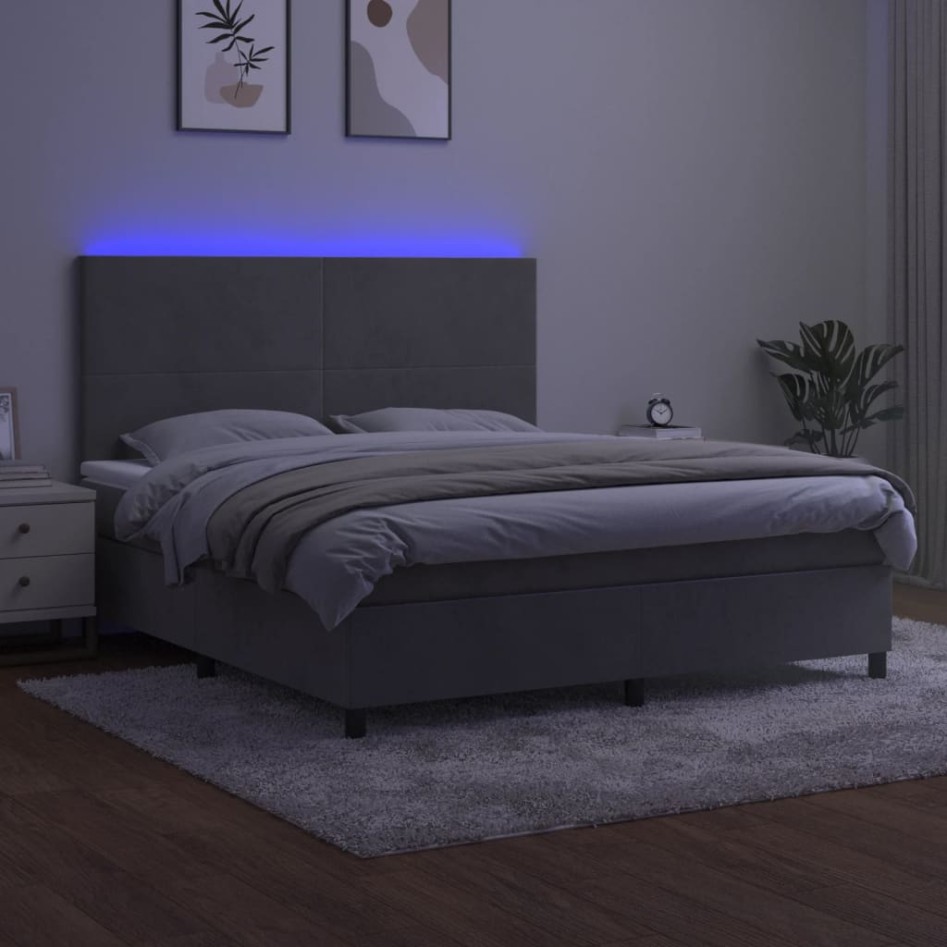 Cama box spring colchón y LED terciopelo gris claro 180x200