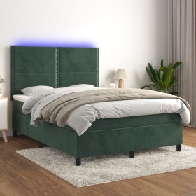 Cama box spring colchón y LED terciopelo verde oscuro