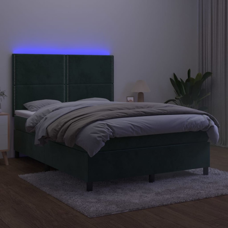 Cama box spring colchón y LED terciopelo verde oscuro