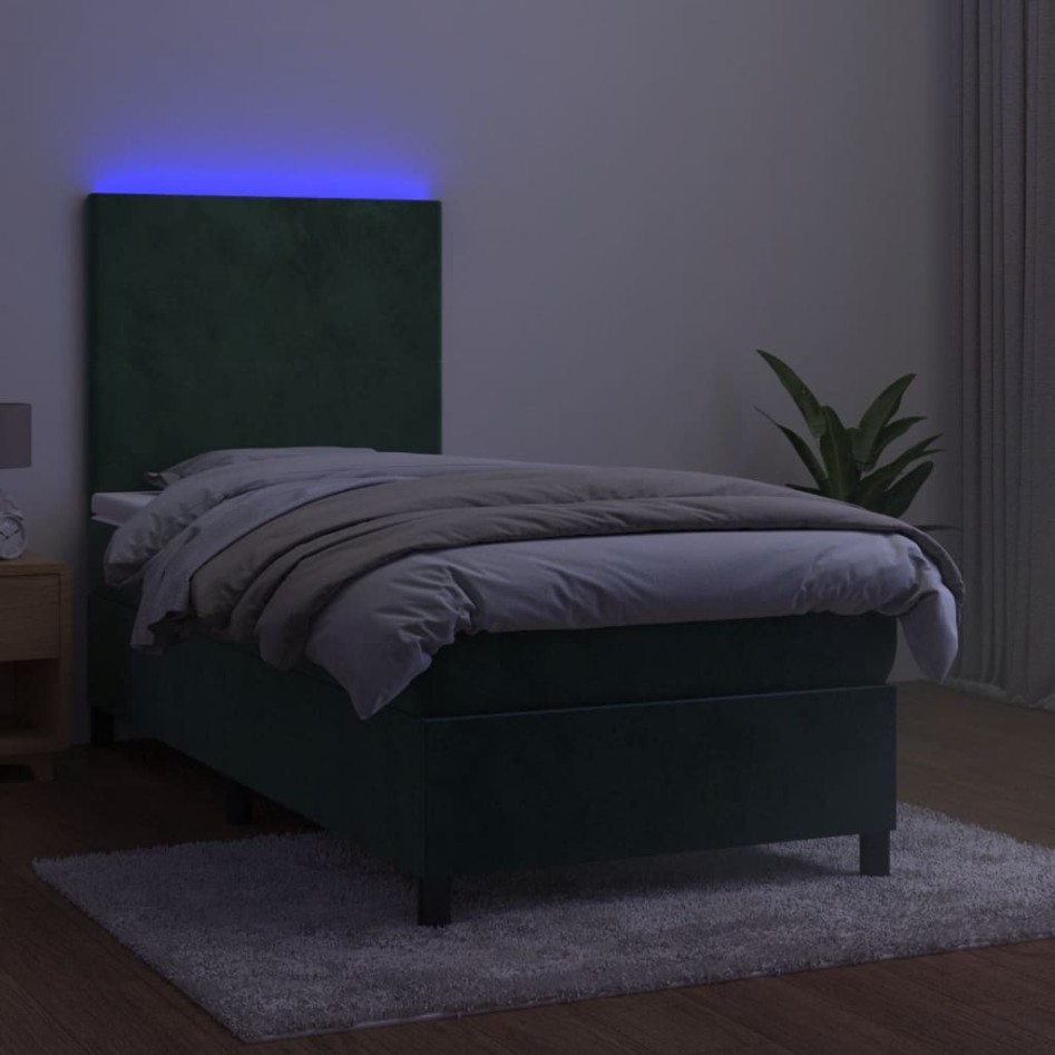 Cama box spring colchón y LED terciopelo verde oscuro 80x200