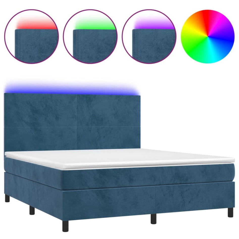 Cama box spring colchón y LED terciopelo azul oscuro 160x200