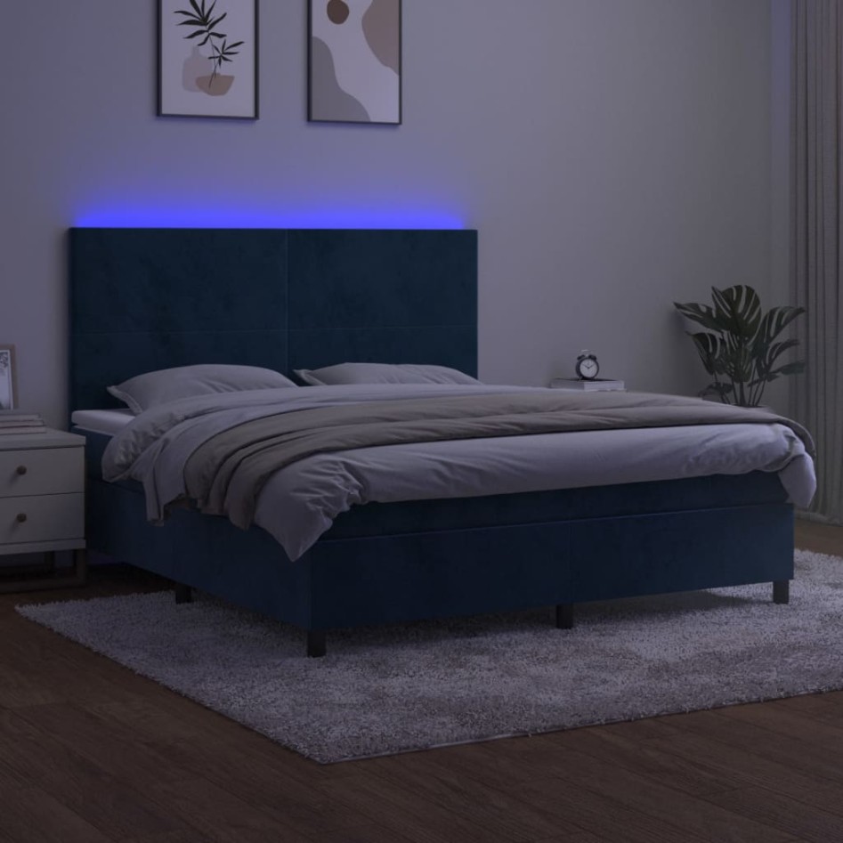 Cama box spring colchón y LED terciopelo azul oscuro 160x200