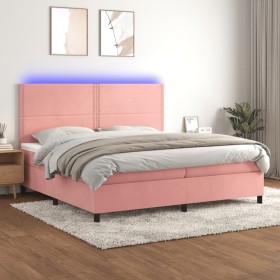 Cama box spring colchón y LED terciopelo rosa 200x200
