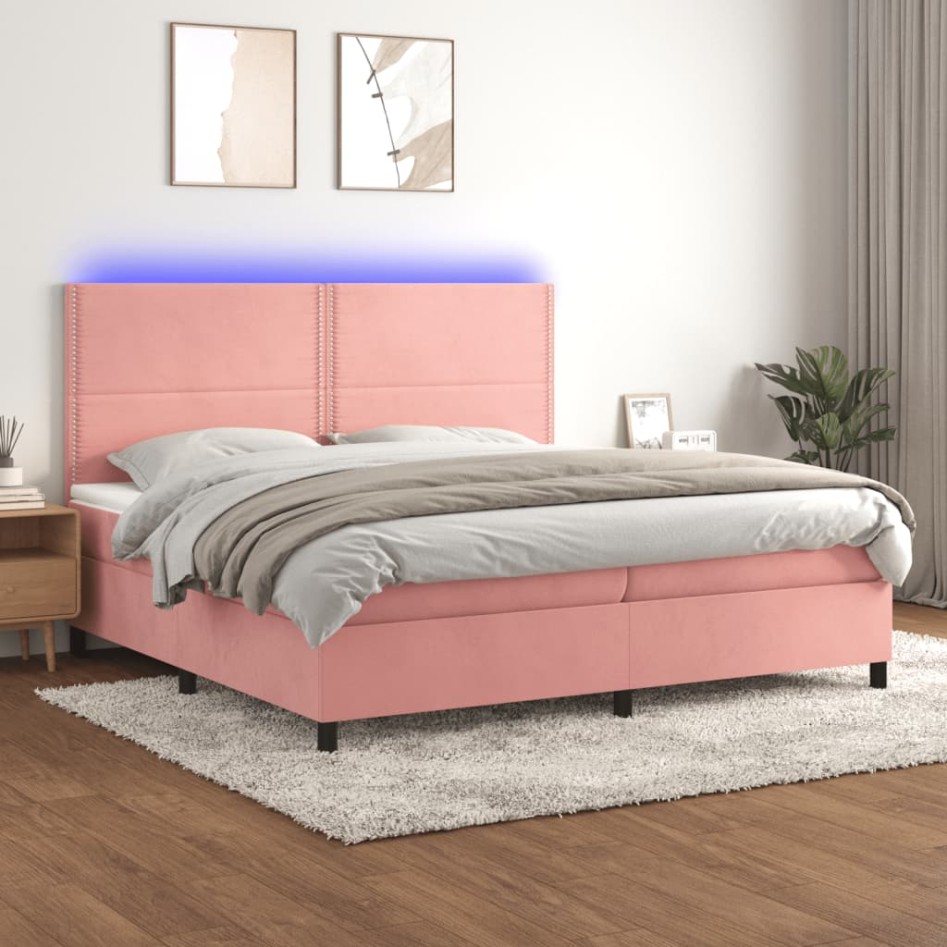 Cama box spring colchón y LED terciopelo rosa 200x200