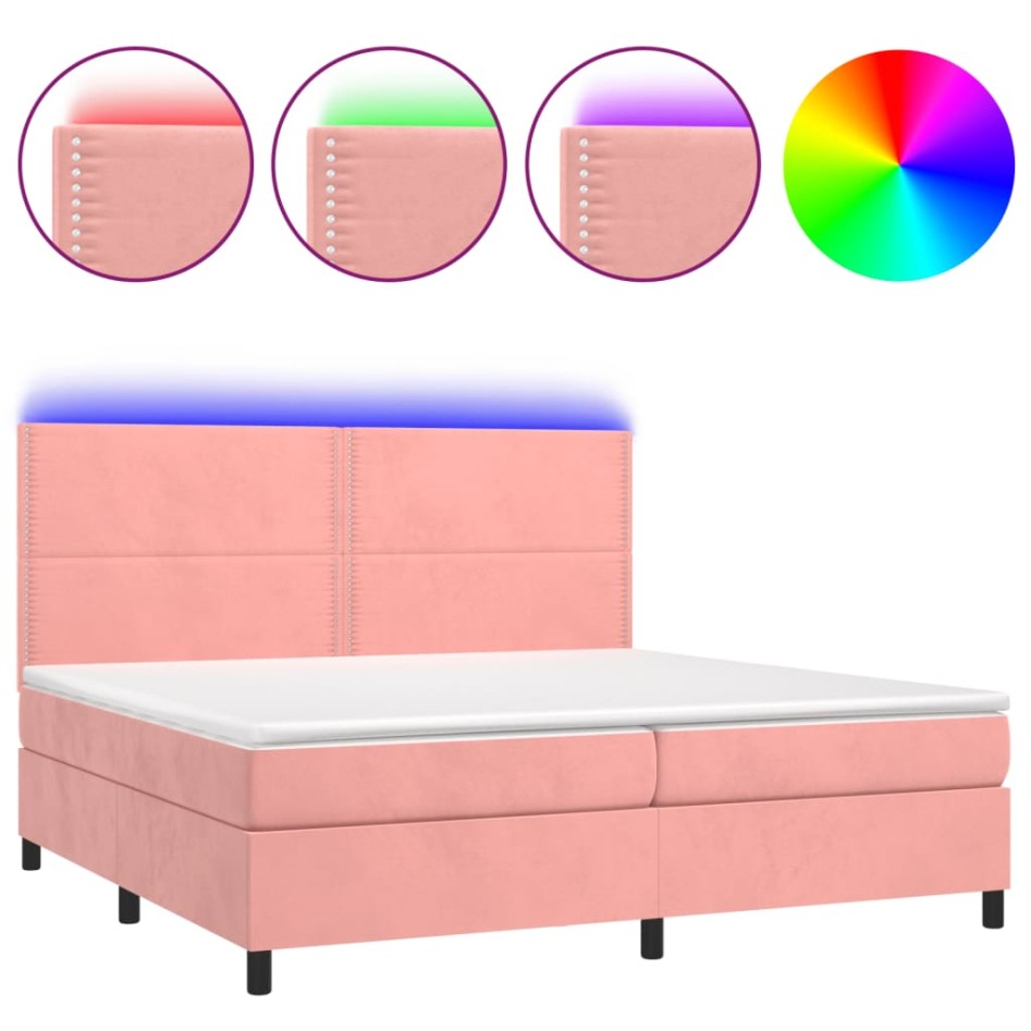 Cama box spring colchón y LED terciopelo rosa 200x200