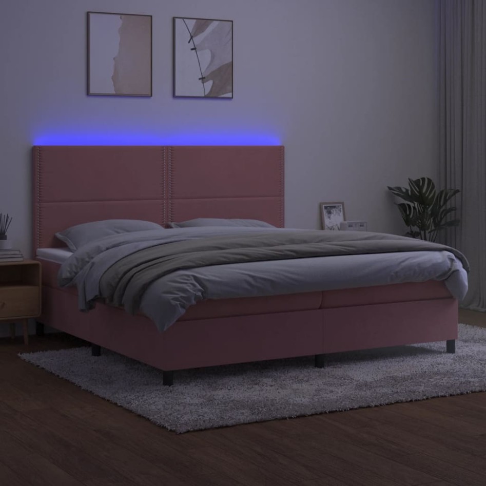 Cama box spring colchón y LED terciopelo rosa 200x200