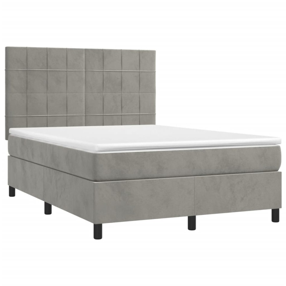 Cama box spring colchón y LED terciopelo gris claro 140x200