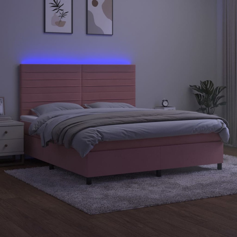 Cama box spring colchón y LED terciopelo rosa 180x200
