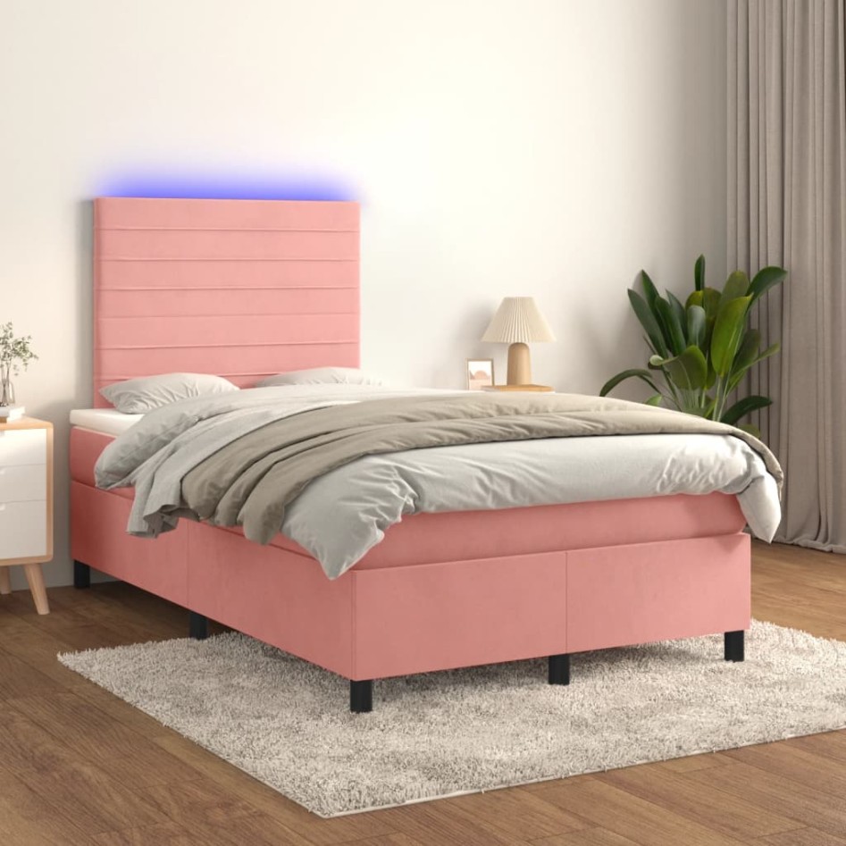 Cama box spring colchón y LED terciopelo rosa 120x200
