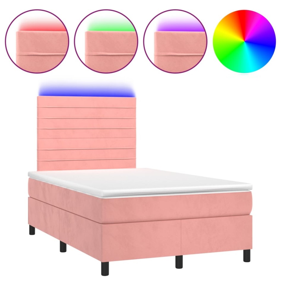 Cama box spring colchón y LED terciopelo rosa 120x200