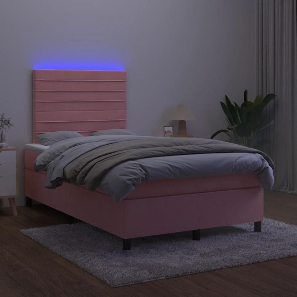 Cama box spring colchón y LED terciopelo rosa 120x200