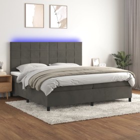 Cama box spring colchón y LED terciopelo gris oscuro 200x200