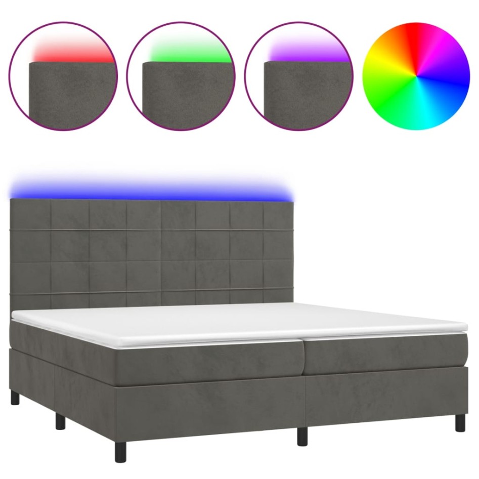 Cama box spring colchón y LED terciopelo gris oscuro 200x200