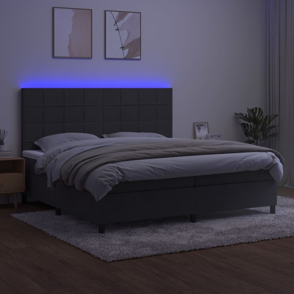 Cama box spring colchón y LED terciopelo gris oscuro 200x200