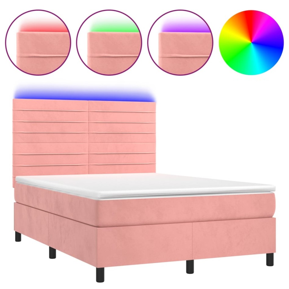 Cama box spring colchón y LED terciopelo rosa 140x190