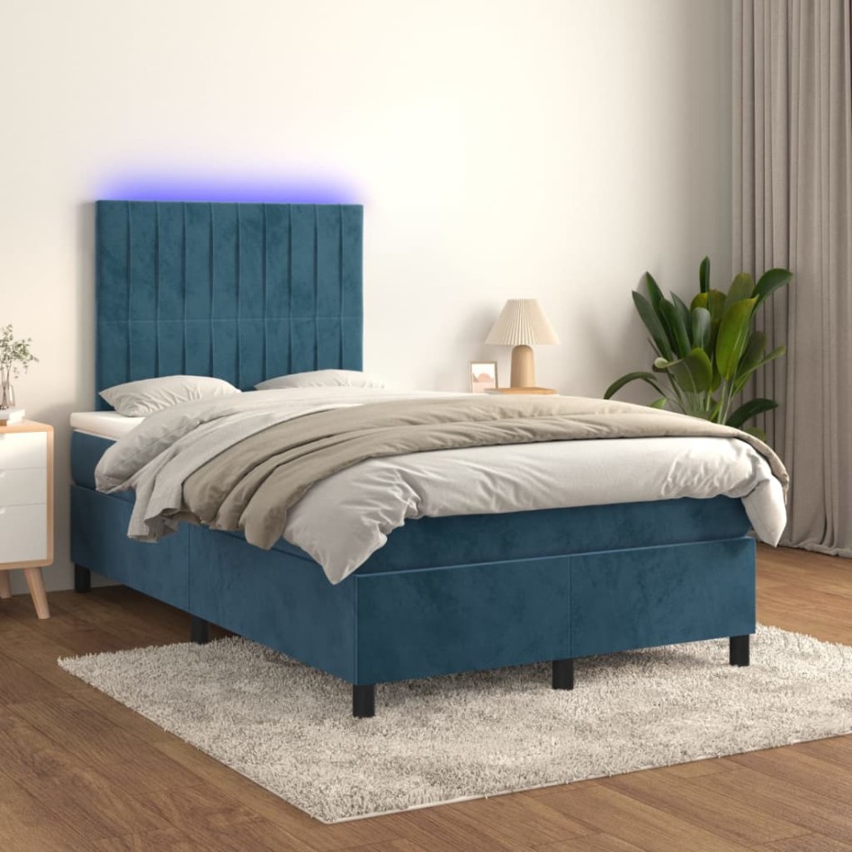 Cama box spring colchón y LED terciopelo azul oscuro 120x200