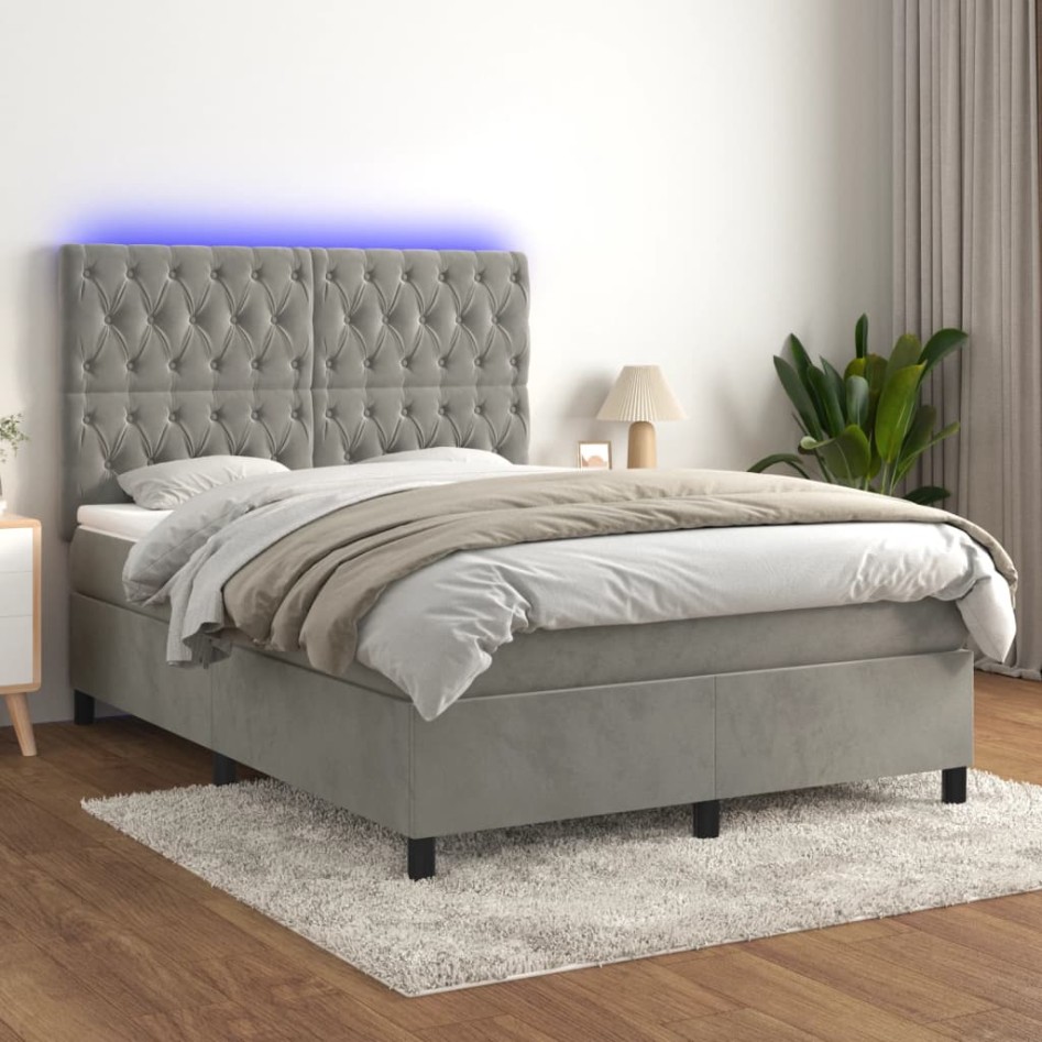 Cama box spring colchón y LED terciopelo gris claro 140x200