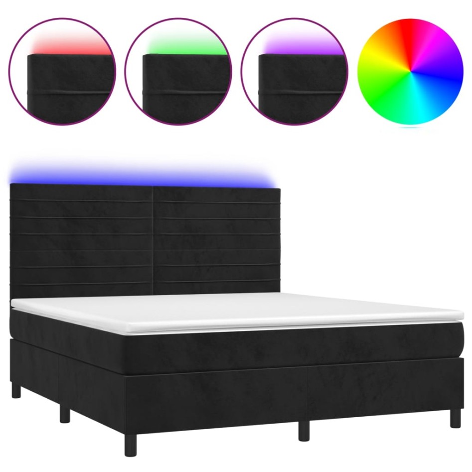 Cama box spring colchón y LED terciopelo negro 180x200