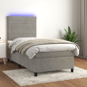 Cama box spring colchón y LED terciopelo gris claro 100x200