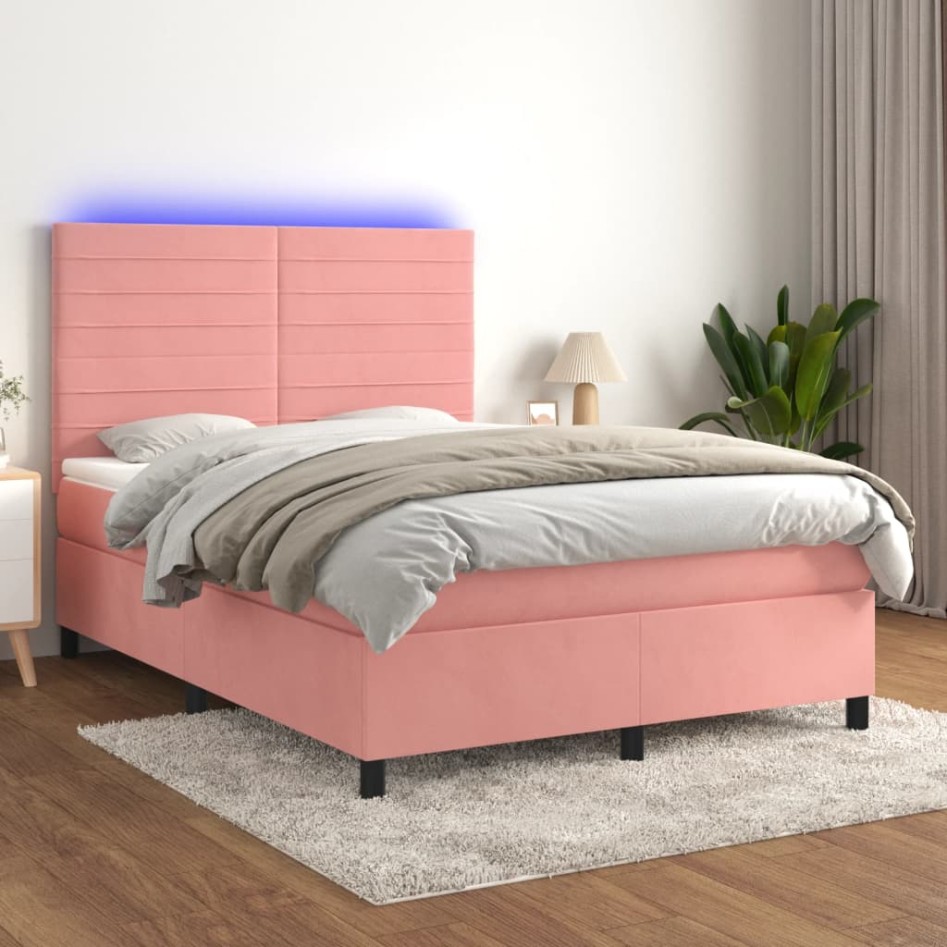 Cama box spring colchón y LED terciopelo rosa 140x200