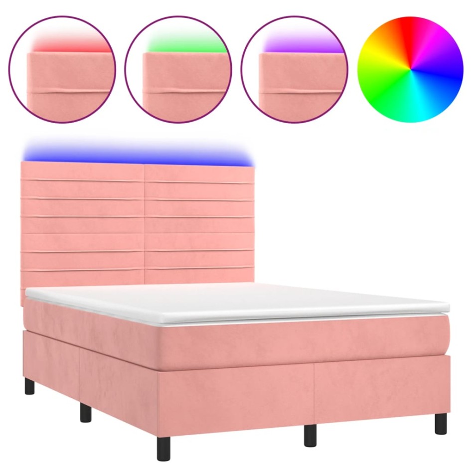 Cama box spring colchón y LED terciopelo rosa 140x200