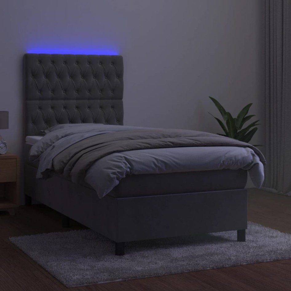 Cama box spring colchón y LED terciopelo gris claro 90x190