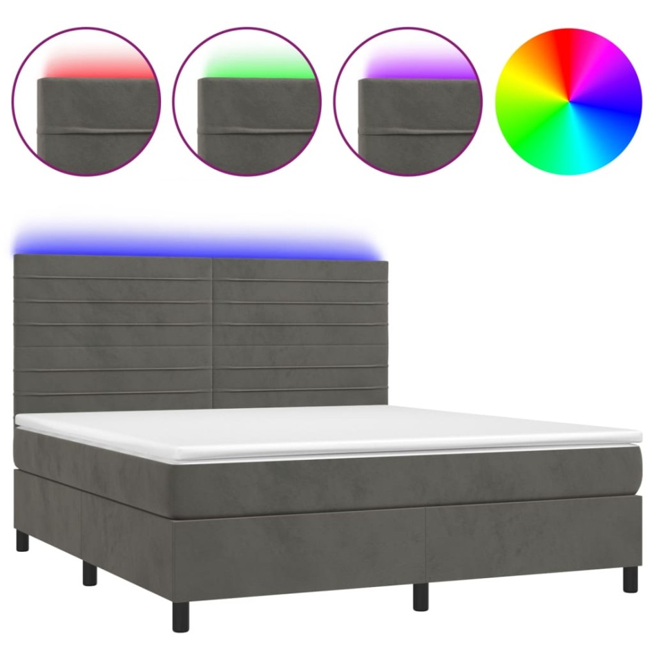 Cama box spring colchón y LED terciopelo gris oscuro 160x200