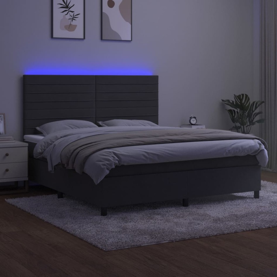 Cama box spring colchón y LED terciopelo gris oscuro 160x200