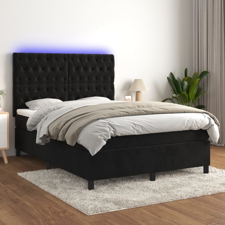 Cama box spring colchón y LED terciopelo negro 140x200