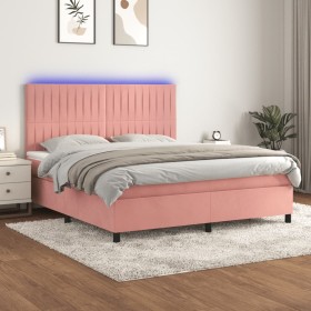 Cama box spring colchón y LED terciopelo rosa 160x200