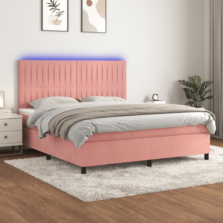 Cama box spring colchón y LED terciopelo rosa 160x200