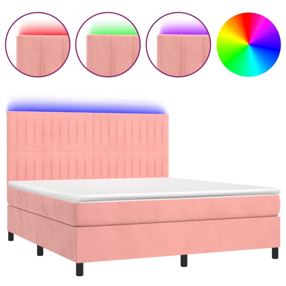 Cama box spring colchón y LED terciopelo rosa 160x200