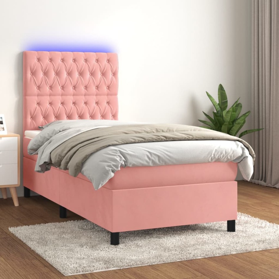Cama box spring colchón y LED terciopelo rosa 90x190