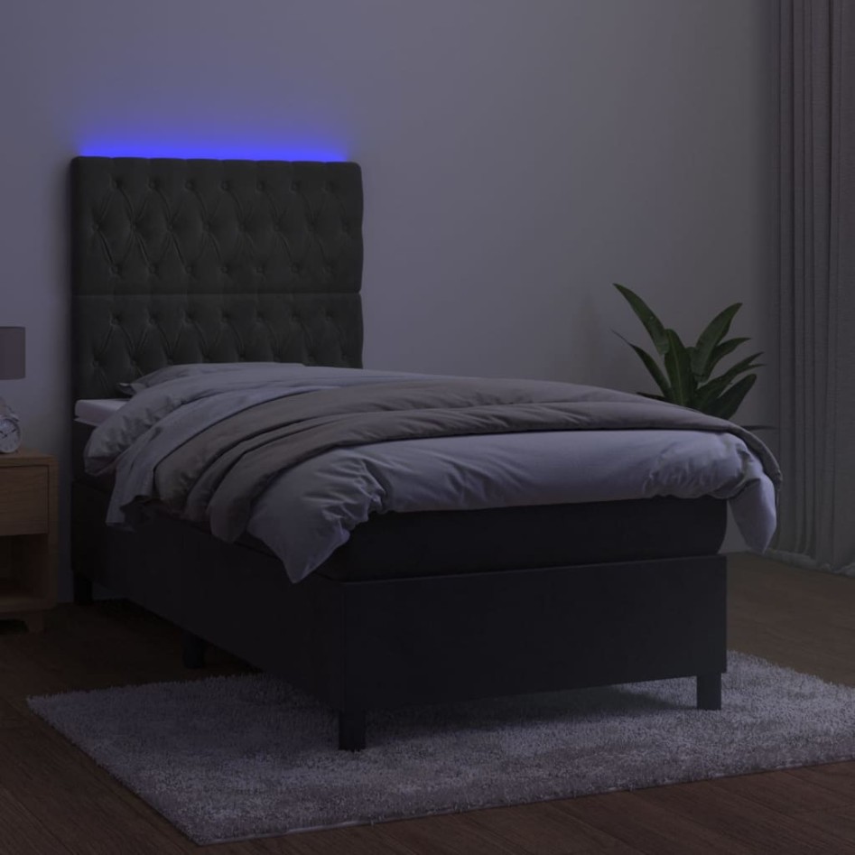 Cama box spring colchón y LED terciopelo gris oscuro 90x200