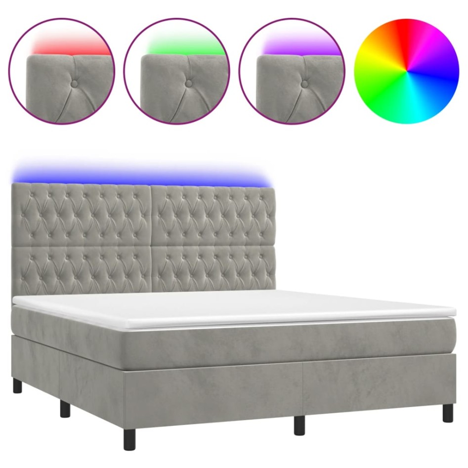 Cama box spring colchón y LED terciopelo gris claro 160x200