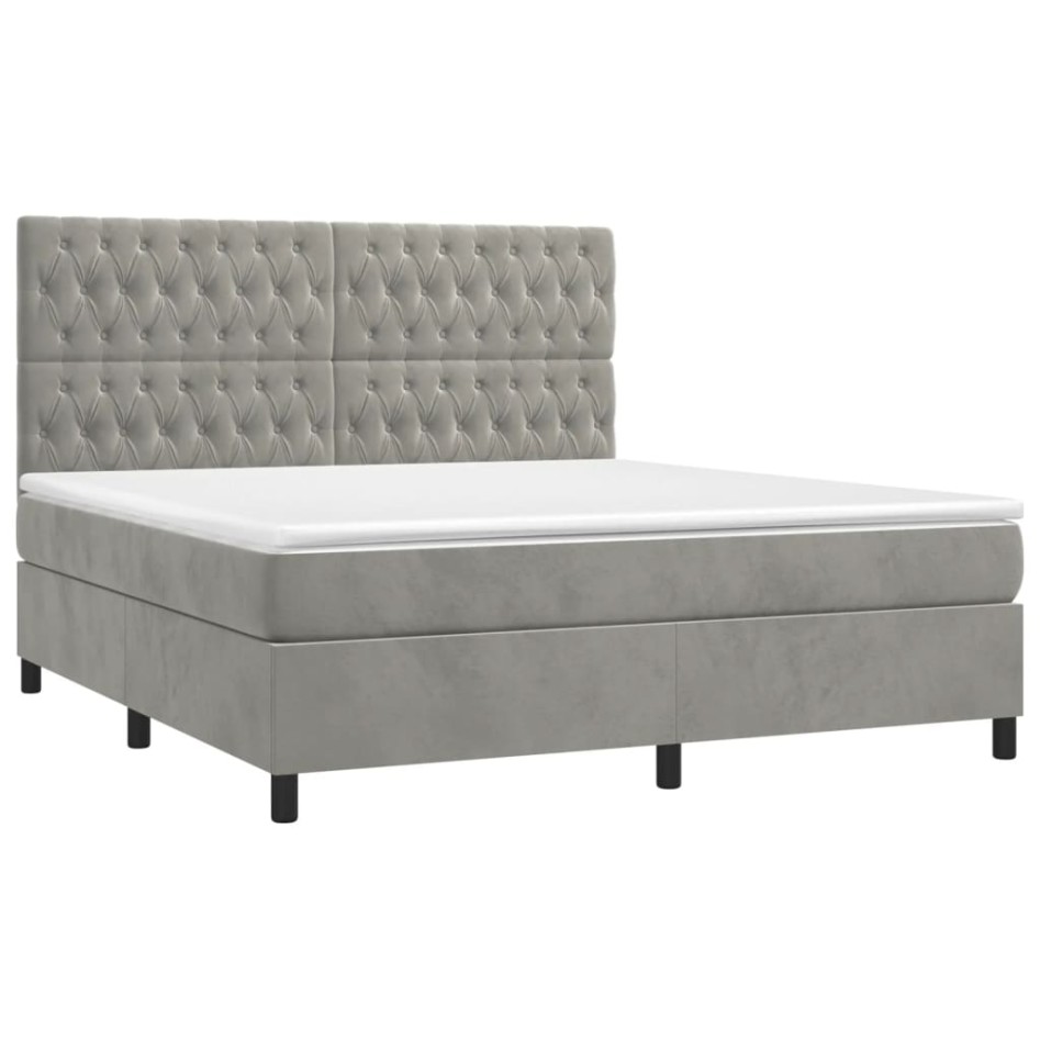 Cama box spring colchón y LED terciopelo gris claro 160x200