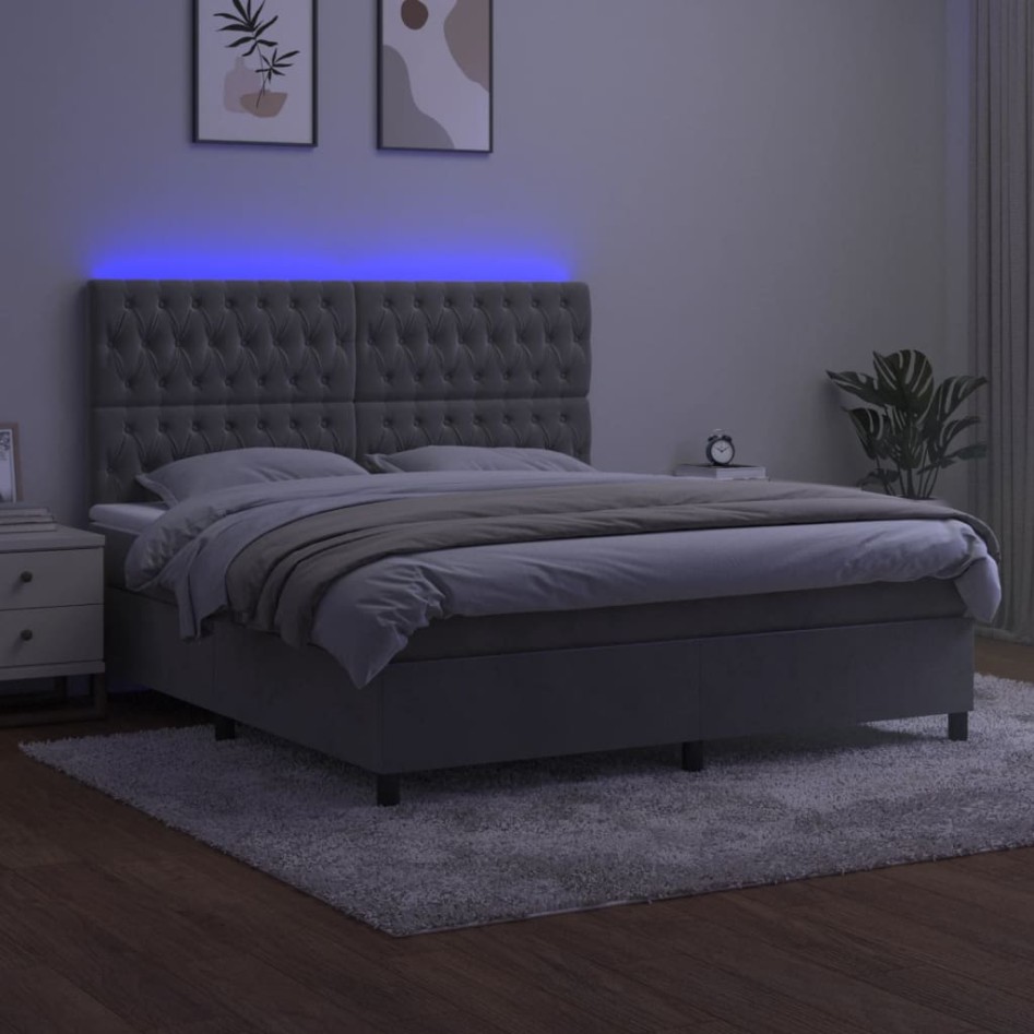 Cama box spring colchón y LED terciopelo gris claro 160x200