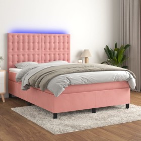 Cama box spring colchón y LED terciopelo rosa 140x190