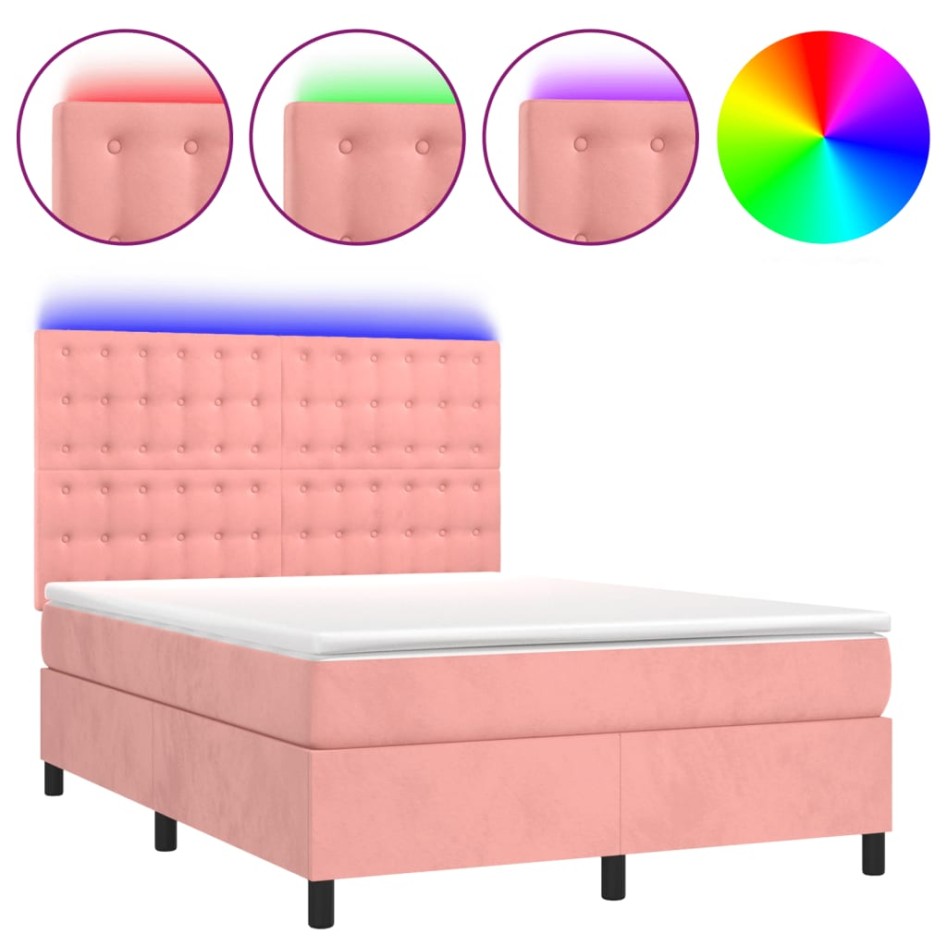 Cama box spring colchón y LED terciopelo rosa 140x190
