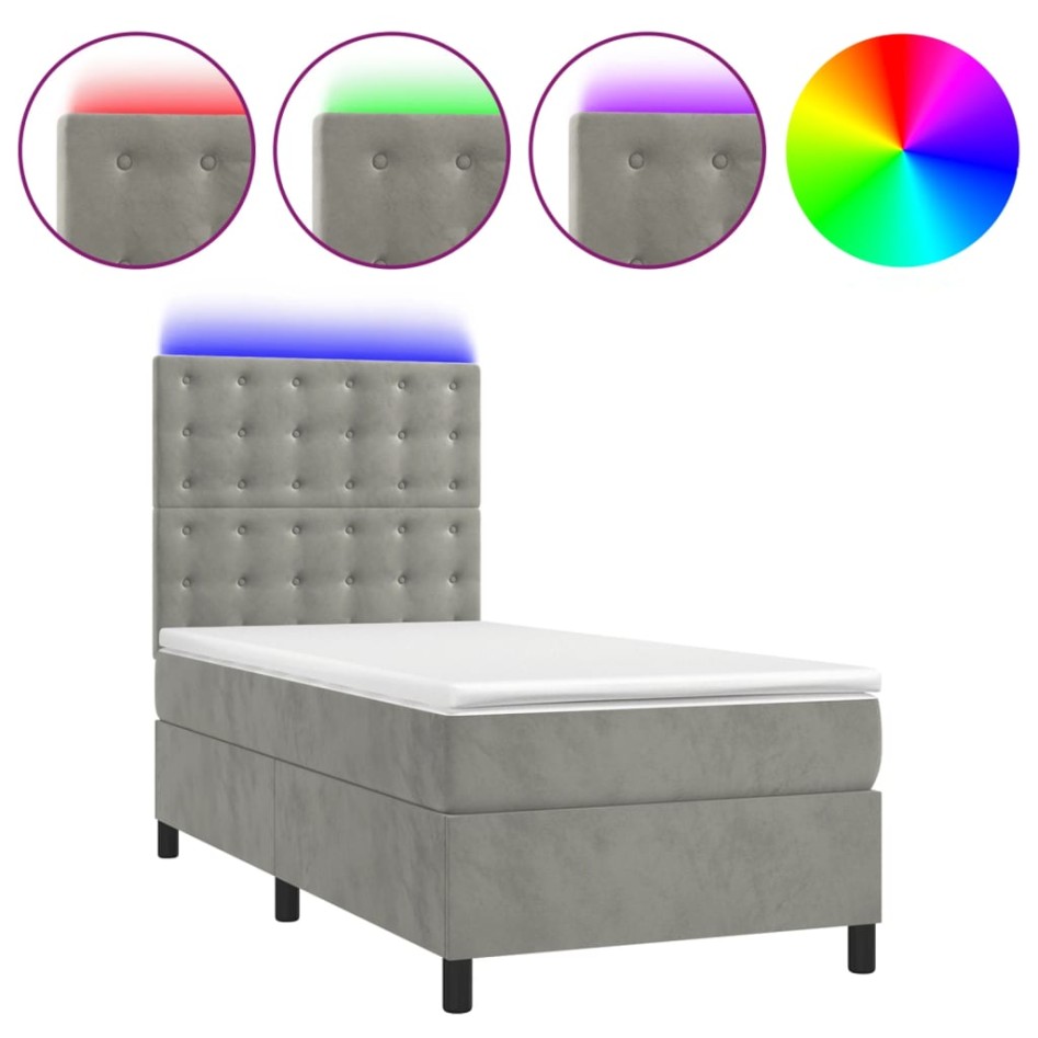 Cama box spring colchón y LED terciopelo gris claro 100x200