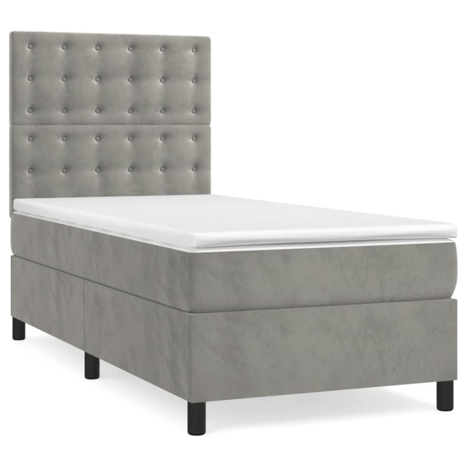 Cama box spring colchón y LED terciopelo gris claro 100x200