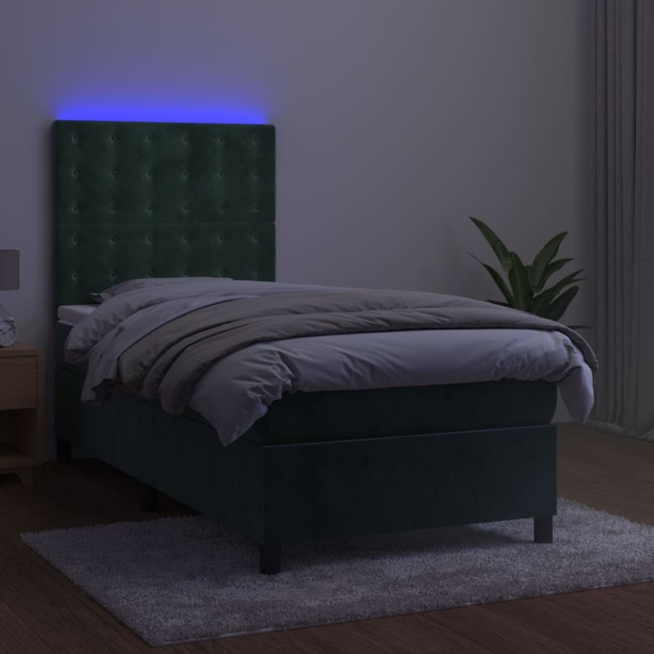 Cama box spring colchón y LED terciopelo verde oscuro 80x200