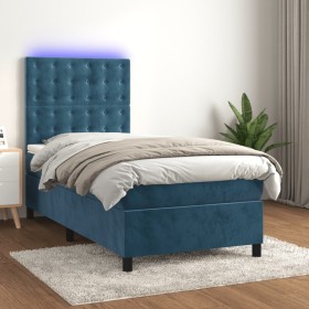 Cama box spring colchón y LED terciopelo azul oscuro 90x190