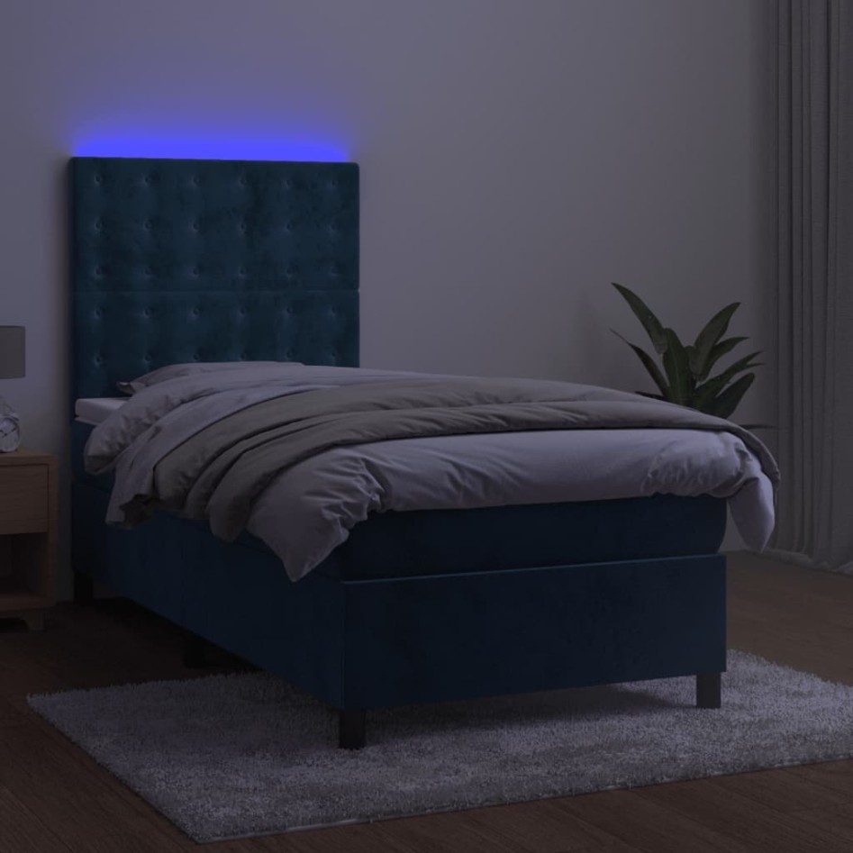 Cama box spring colchón y LED terciopelo azul oscuro 90x190