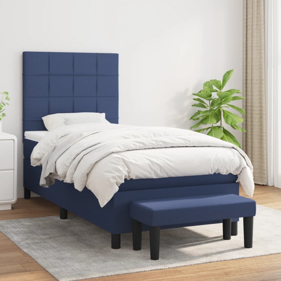 Cama box spring con colchón tela azul 90x200