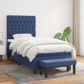 Cama box spring con colchón tela azul 90x190