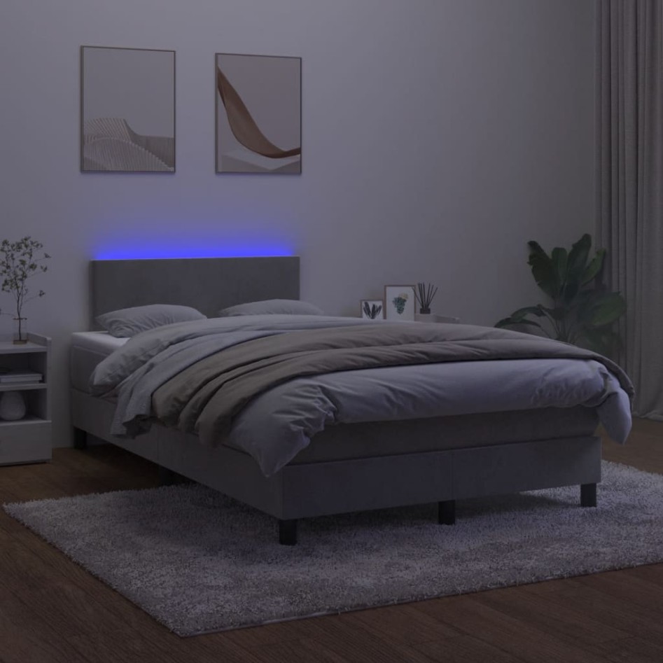 Cama box spring colchón y LED terciopelo gris claro 120x190