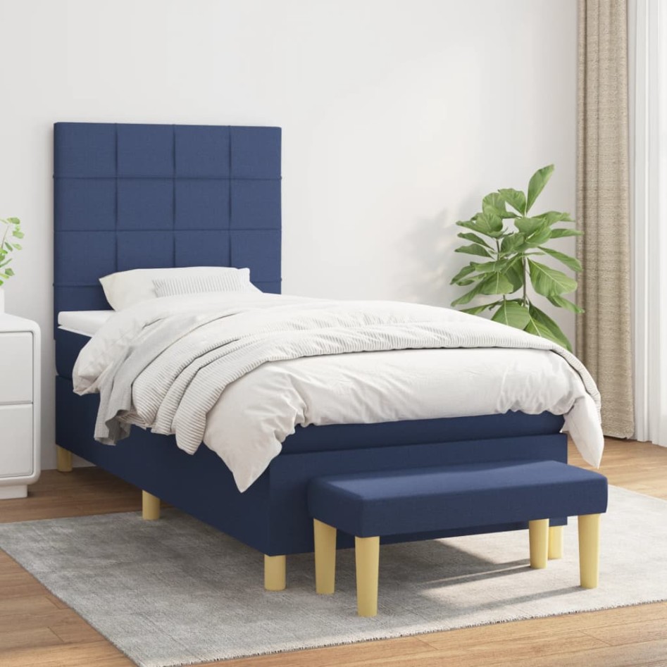 Cama box spring con colchón tela azul 90x190